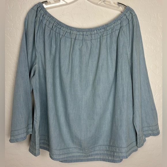 NEW GAP Off-Shoulder Pointelle Chambray Denim‎ 3/4 Sleeve top Sz XL 0563 - Picture 3 of 8